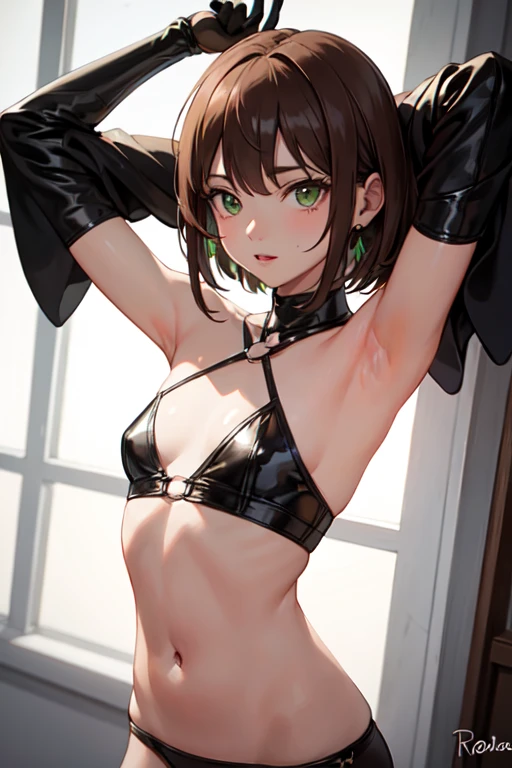 ((Melhor qualidade)), ((obra de arte)), (detalhado), rosto perfeito, sexy halloween custom, flat chest, short hair ,armpit , brown hair, green eyes