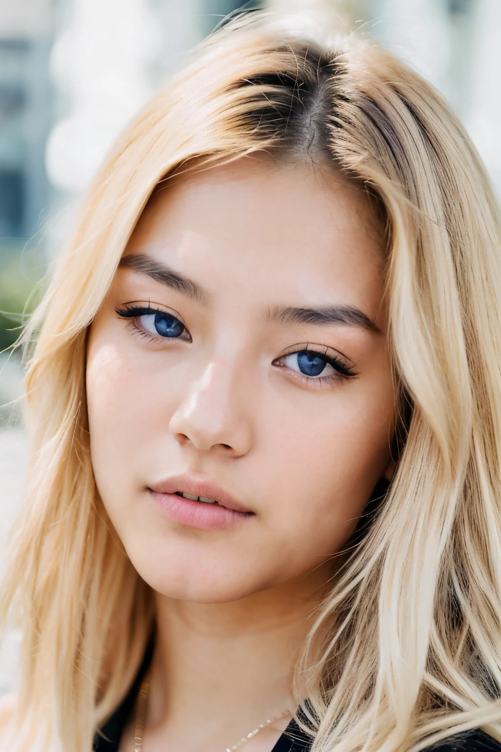 Realistic portrait photo of beautiful 20-years old young Japanese asian woman with blonde hair , influencer, clear and intense blue eyes , Instagram , light makeup,hyperdetailed photography, soft light, symetricial face , similar face to Adrian Lima