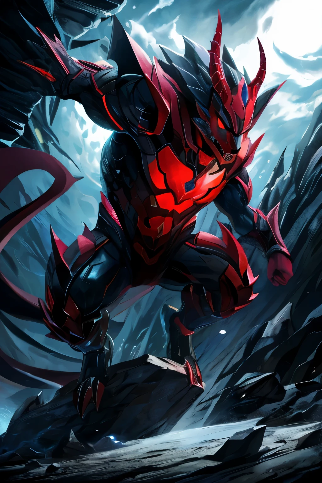 In the dark and ominous realm of comic book arts, a mysterious figure takes flight on a jagged rock, encased in a menacing cheetah suit. The manticore-inspired character, with its undefined yet intimidating anatomy, soars above, its eyes gleaming with a fierce intensity in the foreboding colors of dark gray and red. The atmosphere is filled with a grotesque beauty, as the bold primary colors of the cheetah suit contrast against the intense lighting and heavy shadows that surround it. The figures depicted in this scene are far from ordinary, as their forms are twisted and contorted, conveying a sense of otherworldly power. This dark and captivating image