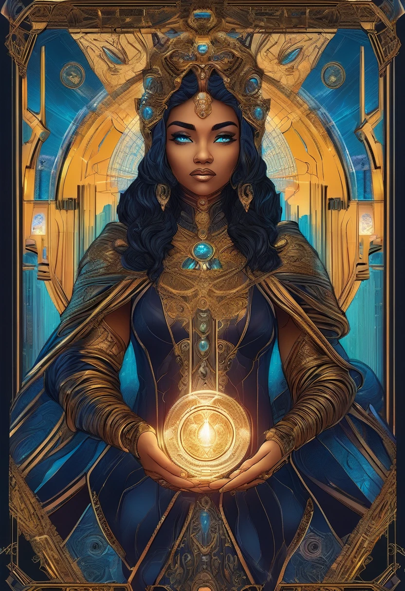 A mesmerizing holographic tableau showcases a African woman, meticulously clad in intricately crafted paper attire, nestled atop an expansive open book. Words from the pages meticulously mirror her form, casting a radiant white glow that envelops her in a surreal enchantment. Basking in the dimly lit library backdrop, the image's sharpness remains uncompromised, as the African woman effortlessly embodies the open book as her serene sanctuary.