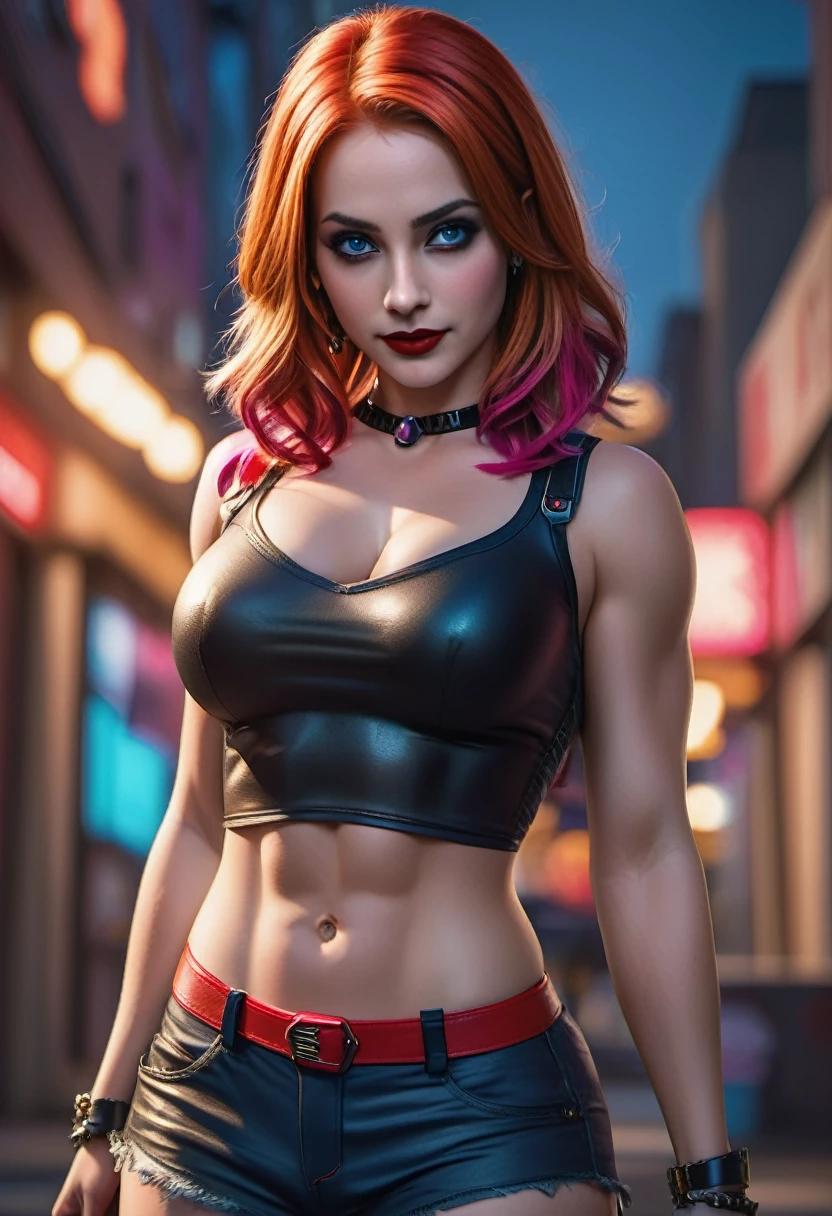 (best quality,4k,8k,highres,masterpiece:1.2),ultra-detailed,(realistic,photorealistic,photo-realistic:1.37),Karen Gillan as Harley Quinn,(attractive,striking),dressed in sexy,(revealing,shorts),(stylish,cropped) top,body language and (expressive,alluring) eyes,beautiful detailed lips,sultry,a (playful, seductive) smile,blond (flowing, tousled) hair,deep blue eyes,heavy makeup with black (smokey, dramatic) eyeshadow,detailed facial expressions,impeccable skin texture,distinctive red and black hair dye,Captivating personality,charming and (mysterious,intriguing) aura,Karen Quinn in a dynamic pose in an (urban, graffiti-filled) background,harlequin-themed tattoos on arms,(vibrant,colorful) and (contrasting,striking) colors,strategically placed lighting creating shadows and highlights,comic book art style with a touch of realism,vivid colors with a (bold,pop) art feel,dynamic angles and sharp focus,blurred background with bokeh effect, (cinematic,dramatic) lighting for a captivating atmosphere,A perfect blend of beauty and the (mischievous,dangerous) persona of Harley Quinn.