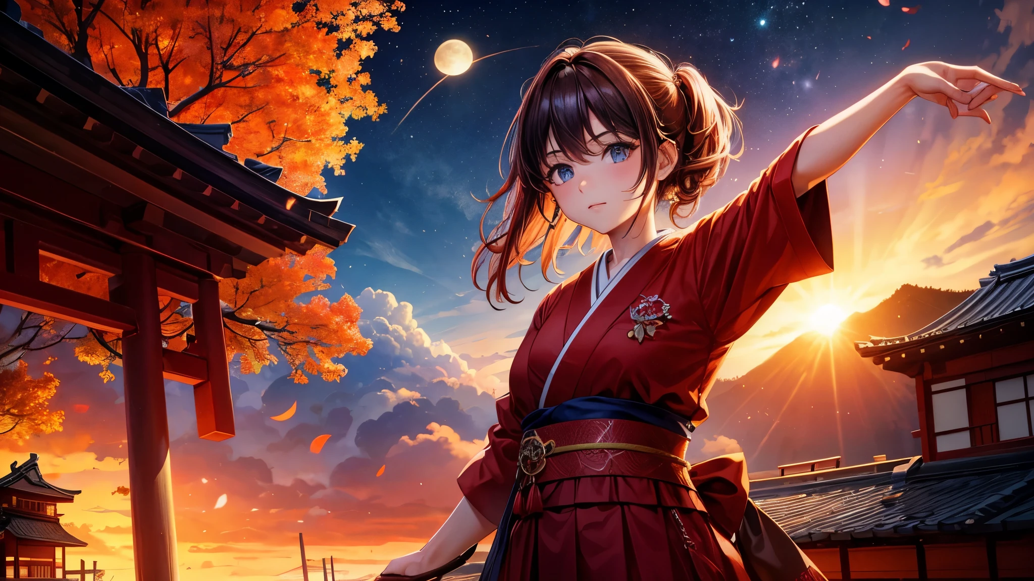 a girl, in a fire scenary, sky red, moon, village, japan, ultra quality, 16:9, Ultra HD, HDR, 8K, High-Detailed