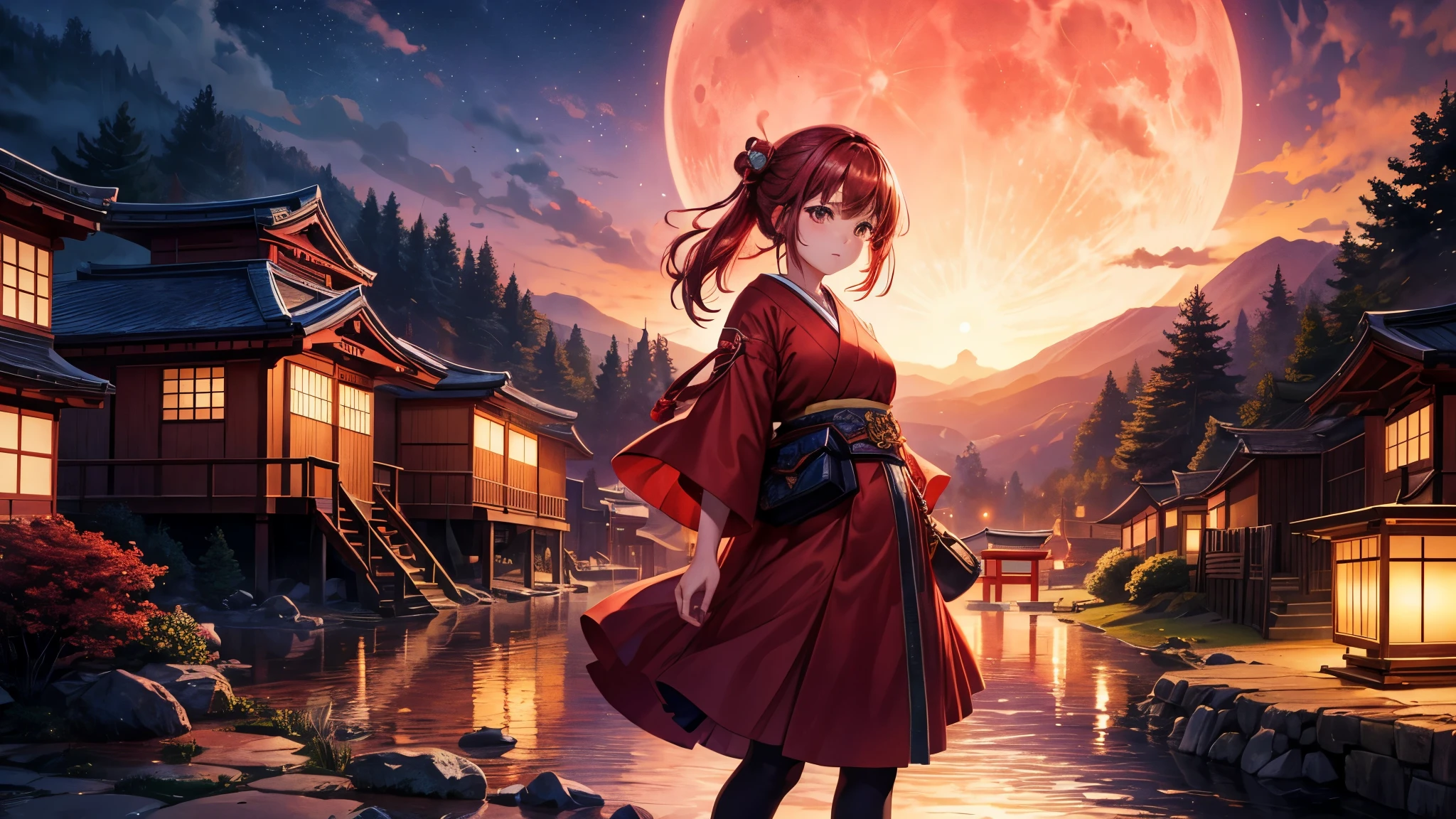 a girl, in a fire scenary, sky red, moon, village, japan, ultra quality, 16:9, Ultra HD, HDR, 8K, High-Detailed