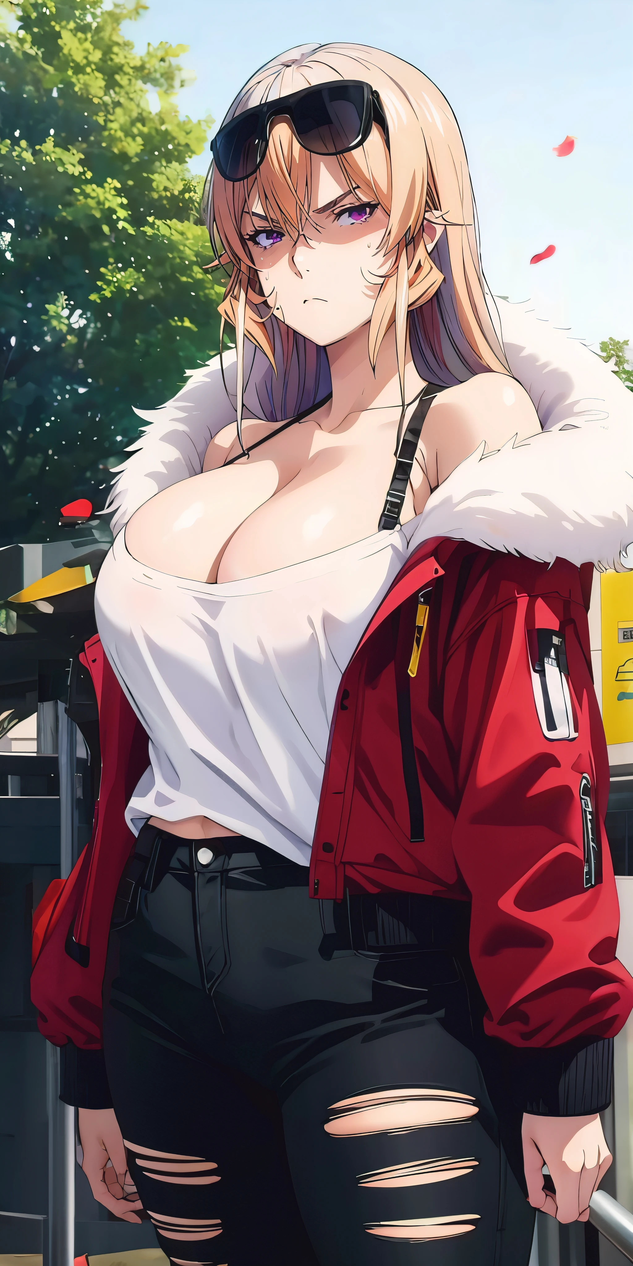 Erina_Prodigy, blonde hair, long hair, purple eyes, curvy, anatomically correct, heavy breathing, huge breasts, muscular female, 1girl, pants, torn_clothes, torn_pants, breasts, jacket, black_pants, fur_trim, bare_shoulders, solo, looking_at_viewer, fur-trimmed_coat, large_breasts, blush, cleavage, (shaded face:1.2), hollow eyes, purple eyes, looking at viewer, heavy breathing, closed mouth, angry, glaring, sweating, "Photorealistic, Hyperrealistic, Hyperdetailed, analog style, soft lighting, subsurface scattering, realistic, heavy shadow, masterpiece, best quality, ultra realistic, 8k, golden ratio, Intricate, High Detail, film photography, soft focus", nsfw, nsfw art,