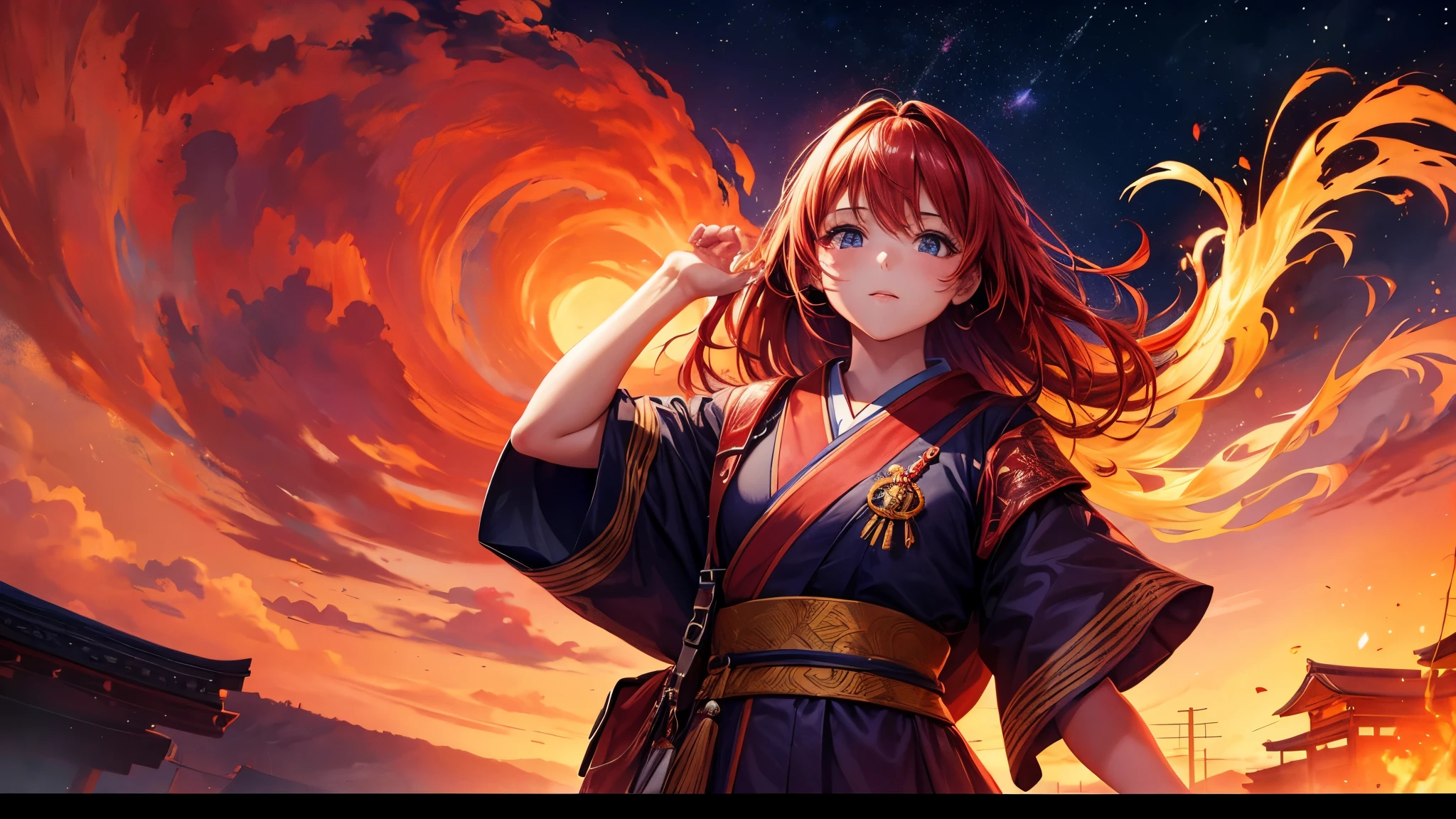 a girl, in a fire scenary, sky red, moon, village, japan, ultra quality, 16:9, Ultra HD, HDR, 8K, High-Detailed