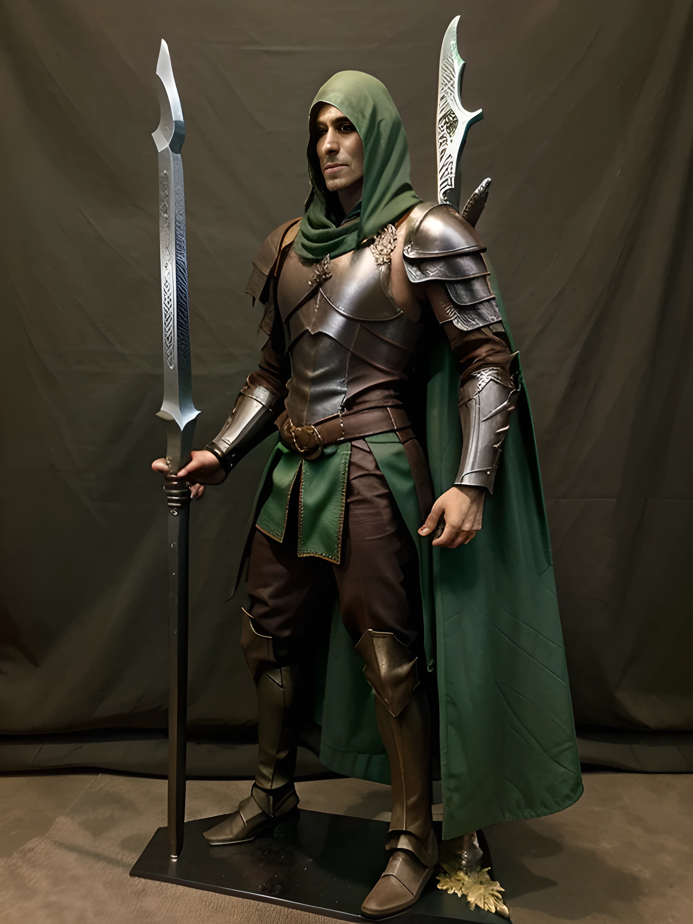 fullbody side view of Dark elf drizzt in medieval fantasy brown leather armor and green cloak holding 2 swords action pose