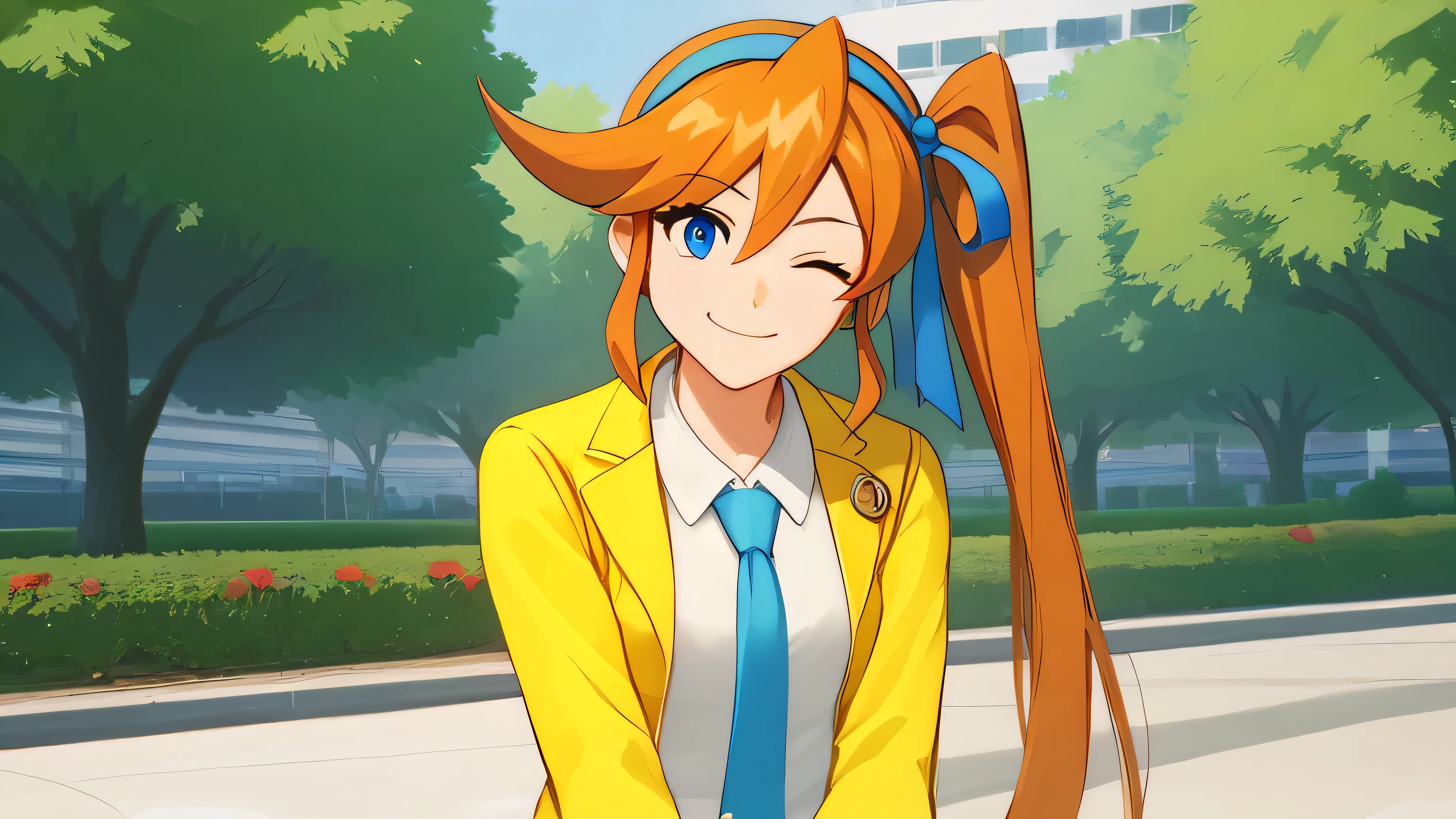 score_9, score_8, score_7, source_anime,
anime, official art,
rating_general,
aacykes, hair ribbon, side ponytail,
necktie, yellow jacket, yellow skirt,
1girl, head tilt, solo, palms together, blue eyes, smile, blissful, park, high quality, 4k, 8k, UHD, wink, one eye closed