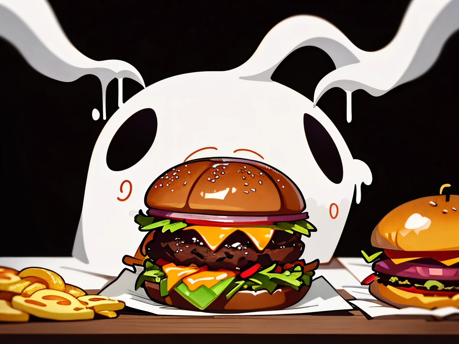 Spooky apparition, in the midst of a tantalizing feast, devouring a juicy burger, ghostly figure, burger in hand, bite taken, ketchup and mustard droplets adorning its ethereal form, best quality illustration, highly detailed ghostly features, captivating masterpiece.