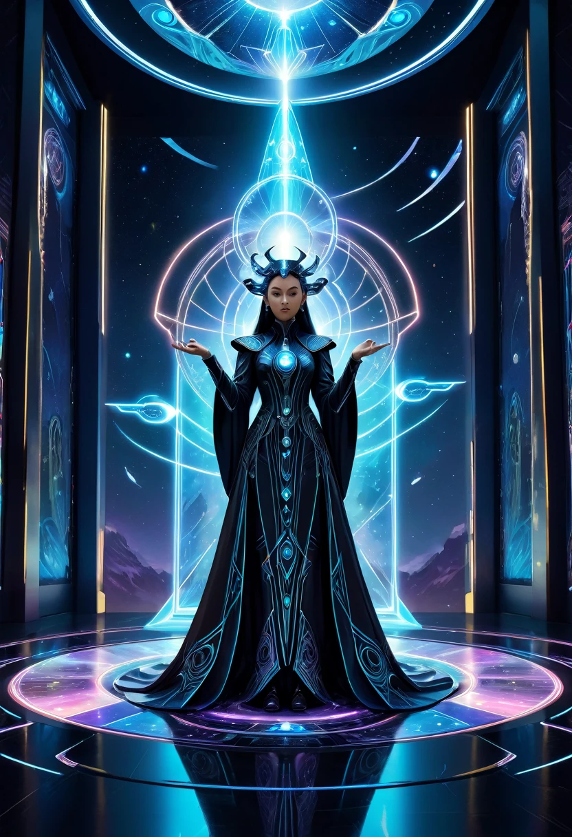 Tarot Cards, aesthetic, An updated Tarot card, "Tech Mage", symbolizing power, creation, and resourcefulness. Show a figure in a futuristic setting manipulating a hologram, one hand pointing to the sky, the other to the ground. Use Tarot suits as tech elements. The art should be visually striking, inventive, and blend Tarot symbolism with a modern, tech-focused style.