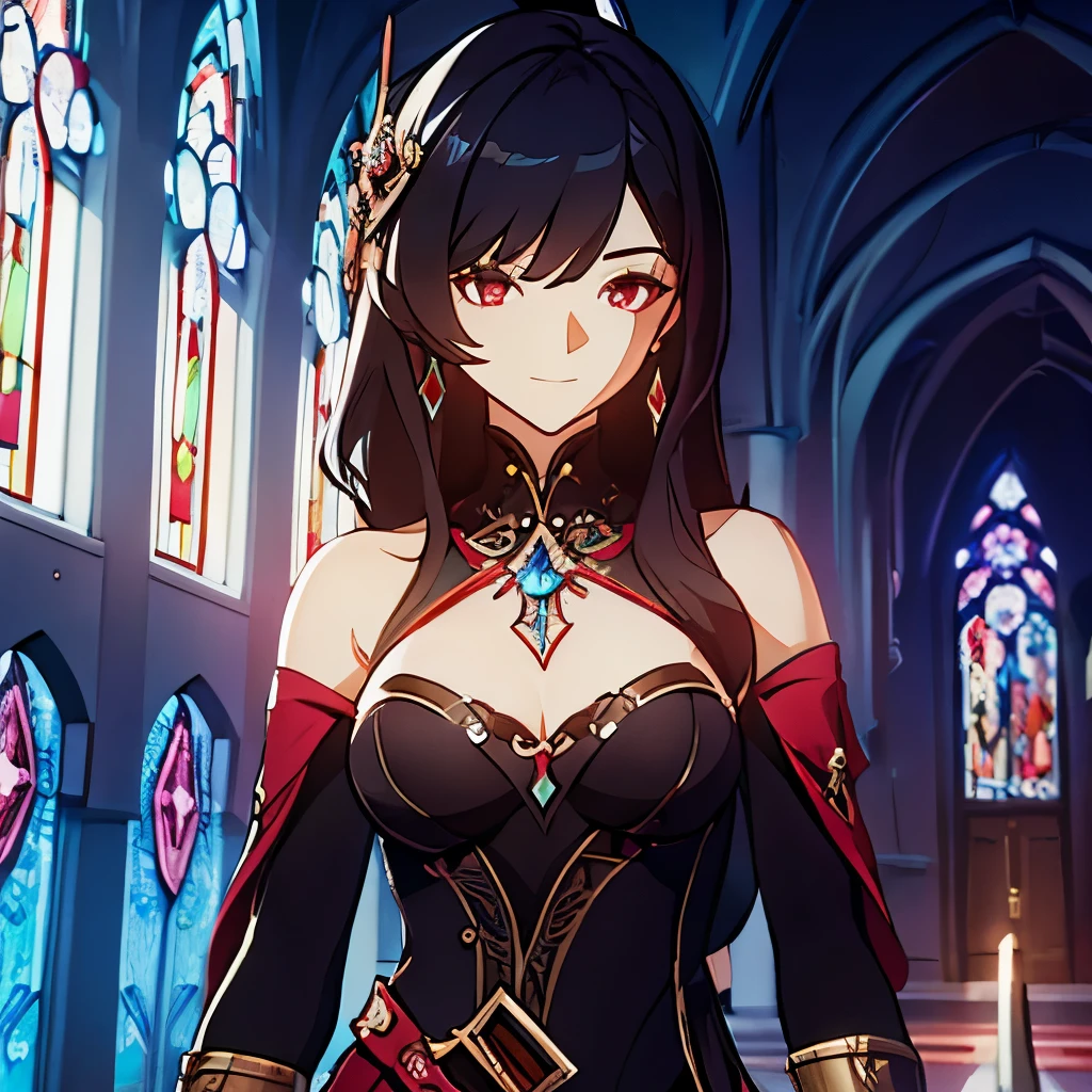 (masterpiece, top quality, Best quality,official art, beautiful and aesthetically pleasing:1.2),(1 girl:1.3), 1 girl BREAK stained glass art, colored glass, leading lines, light transmission BREAK bright colors, complex designs, Lighting effects, Spiritual atmosphere, Black-haired girl, Red eyes, neckline, Snide smile