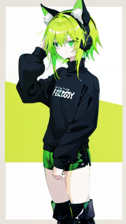 (layout, excellent quality) ,whole body, boy, femboy, cat ear headphones, black long sleeve sweater, bored expression, fluffy thick hair, Bright eyes, (One), bright green acid colors, simple, Rubber boots, short shorts,
