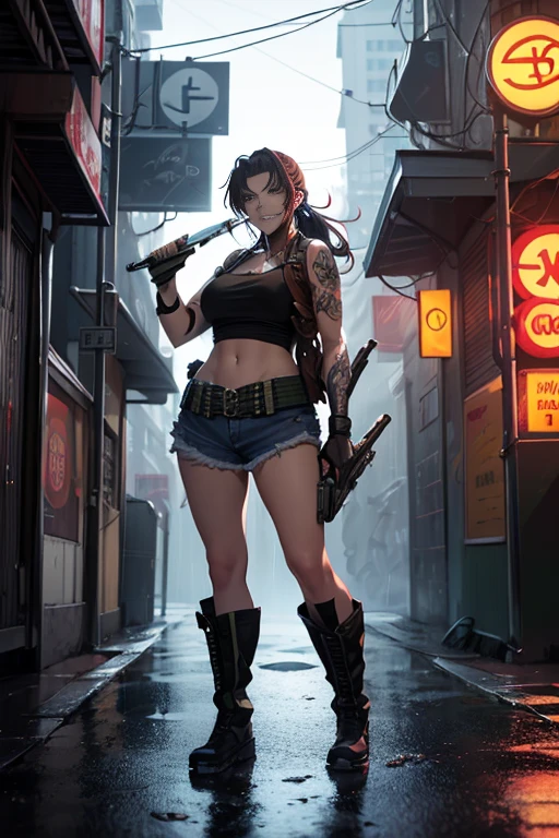 (High quality,surreal),(cyber punk,SF) ,beautiful girl, anime「black lagoon」Levi of, cleavage、grin and laugh, looking at the viewer, gun at you , Beretta92, gun, Aiming at the audience, holding gun, ponytail, Tank top, thin abs、fingerless gloves, denim shorts, belt, holster、boots、 (Bright colors,neon light),(dystopian city,futuristic building), (technical equipment,advanced technology),(cigarette,vapor),(dark alley,reflective puddle),(Rainy night,heavy rain),(Luminous tattoo, complicated pattern),(street art,mural),(metal reflection,shimmering surface),(intense gaze,expressive eyes),(sharp focus,Super detailed), (rough atmosphere,urban decline)
