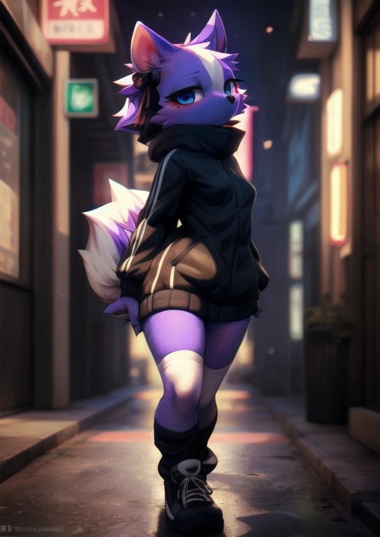 uploaded on e621, (by Whooo-Ya, by Sskomu \(artist\), by Kakure Eria),
solo female (cute purple skunk girl, blue eyes, Shikabane, a single small cute purple squirrel tail), slender  body, thigh high socks, 
(wear black jacket, ), (small breasts), black converse shoes,
((detailed fluffy fur)), (looking at viewer, full body shot, three-quarter view),
BREAK,
((Walking at city street at night)), ( fog, mist, urban business street),
(detailed background, depth of field, half body shadow, sunlight, ambient light on the body),
(masterpiece, best quality, ultra realistic, 4k, 2k, (high detail:1.3),
(3d \(artwork\):1.2), blender \(software\), (soft focus:1.2), ray tracing, (unreal engine:1.3), absurd res)
