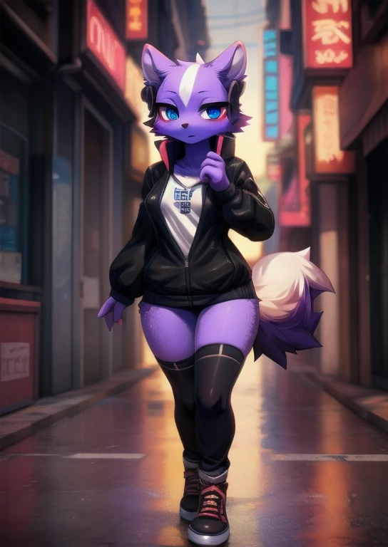 uploaded on e621, (by Whooo-Ya, by Sskomu \(artist\), by Kakure Eria),
solo female (cute purple skunk girl, blue eyes, Shikabane, a single small cute purple squirrel tail), slender  body, thigh high socks, 
(wear black jacket, ), (small breasts), black converse shoes,
((detailed fluffy fur)), (looking at viewer, full body shot, three-quarter view),
BREAK,
((Walking at city street on sunset day)), ( fog, mist, cyberpunk, neon light),
(detailed background, depth of field, half body shadow, sunlight, ambient light on the body),
(masterpiece, best quality, ultra realistic, 4k, 2k, (high detail:1.3),
(3d \(artwork\):1.2), blender \(software\), (soft focus:1.2), ray tracing, (unreal engine:1.3), absurd res)
