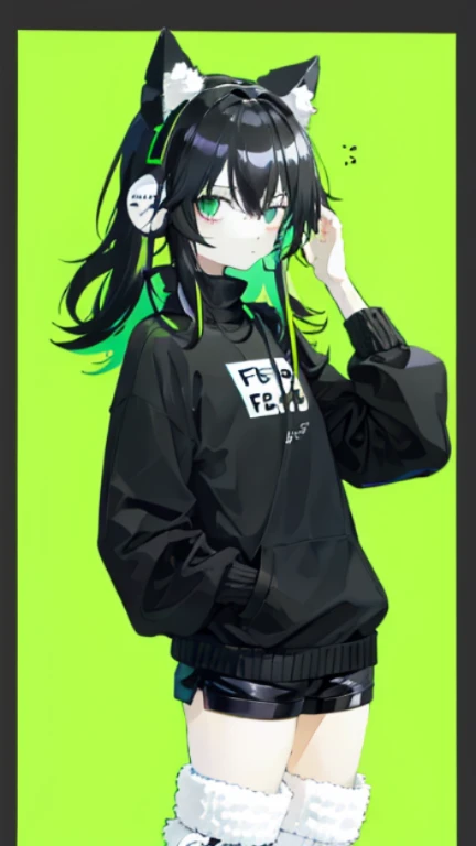 (layout, excellent quality) ,whole body, boy, femboy, cat ear headphones, black long sleeve sweater, bored expression, fluffy thick hair, Bright eyes, (One), bright green acid colors, simple, Rubber boots, short shorts,