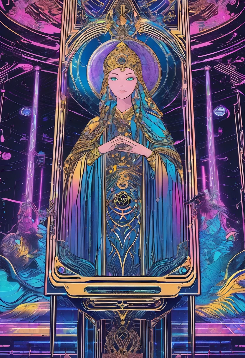 Tarot Cards, aesthetic, An updated Tarot card, "Tech Mage", symbolizing power, creation, and resourcefulness. Show a figure in a futuristic setting manipulating a hologram, one hand pointing to the sky, the other to the ground. Use Tarot suits as tech elements. The art should be visually striking, inventive, and blend Tarot symbolism with a modern, tech-focused style.