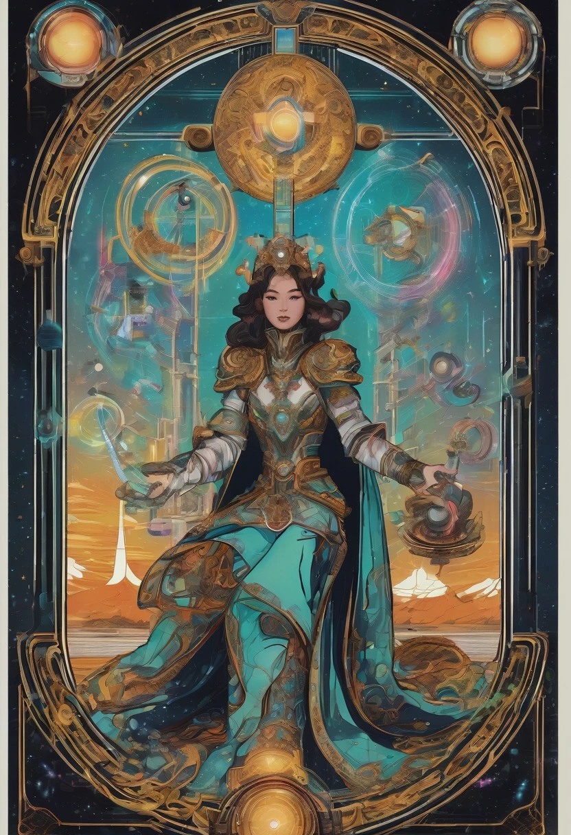 Tarot Cards, aesthetic, An updated Tarot card, "Tech Mage", symbolizing power, creation, and resourcefulness. Show a figure in a futuristic setting manipulating a hologram, one hand pointing to the sky, the other to the ground. Use Tarot suits as tech elements. The art should be visually striking, inventive, and blend Tarot symbolism with a modern, tech-focused style.