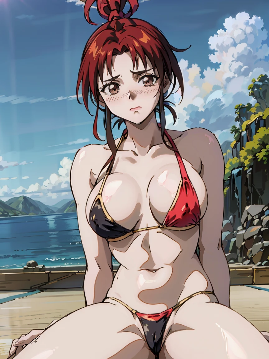 (hightquality、high-level image quality、masutepiece、4K,8K:1.1),Best Quality, High resolution, original color,1girl in,(90s anime style:1.1),(maishiranui:1),(hot onsen:1.4),(bikini of:1.4)、bigbreasts:1.6),  (sitting on:1.2),(blush:1.4),(nose blush,embarrassed,perspiring、the beach:1.5),Looking at Viewer,spooning position