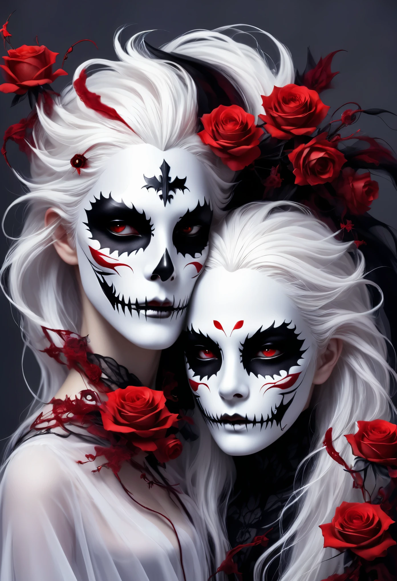 （Hand holding mask：1.5），（White-haired ghost，straight hair，Red eyes），（gothic art），（Fear：1.5），（correct human anatomy：1.37）