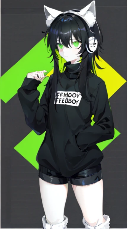 (layout, excellent quality) ,whole body, boy, femboy, cat ear headphones, black long sleeve sweater, bored expression, fluffy thick hair, Bright eyes, (One), bright green acid colors, simple, Rubber boots, short shorts, 