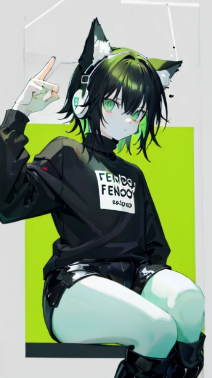 (layout, excellent quality) ,whole body, boy, femboy, cat ear headphones, black long sleeve sweater, bored expression, fluffy thick hair, Bright eyes, (One), bright green acid colors, simple, Rubber boots, short shorts,