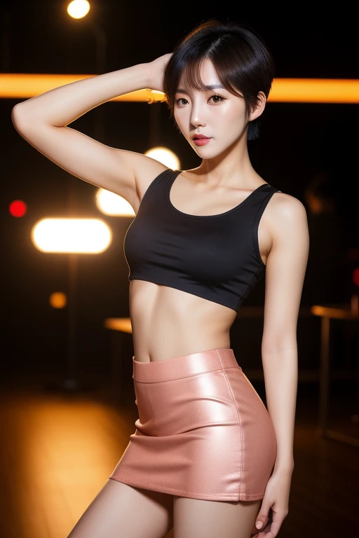 a woman, 1 sexy korean super model girl, short white hair, brown eyes, sexy confident looking eyes, crop top, very mini tight skirt, parted lips, blush, night, empty modern night club, facing front, pose 1.4 to camera , various shot angle ,