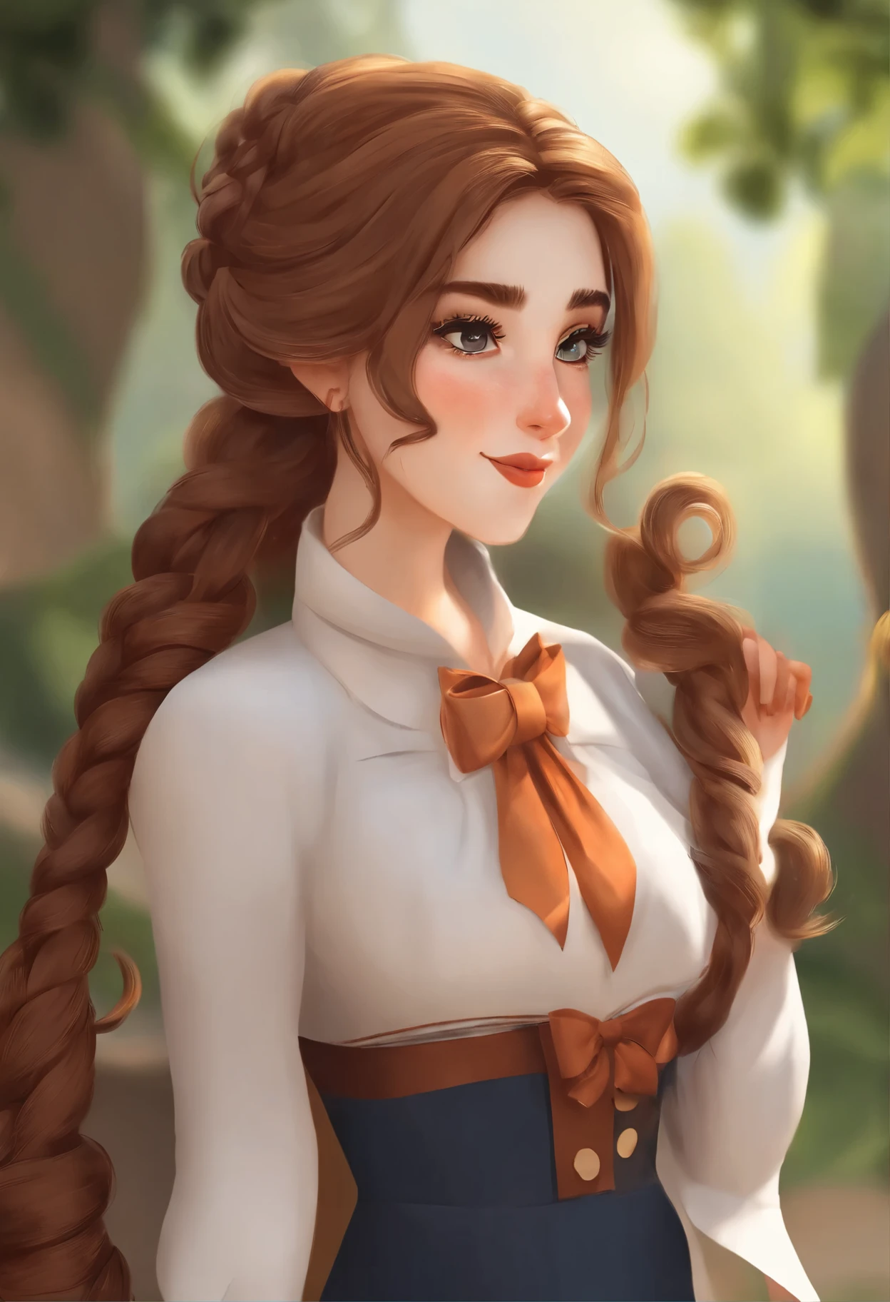 uma garotinha, Long braids, Garota francesa, fechar-se, head slightly raised, Sorriso, , tronco, lindo traje vitoriano, bows on clothes, gripe animal branca, pessoa real CG, estilo doce, estilo de cartoon, HD 4K
