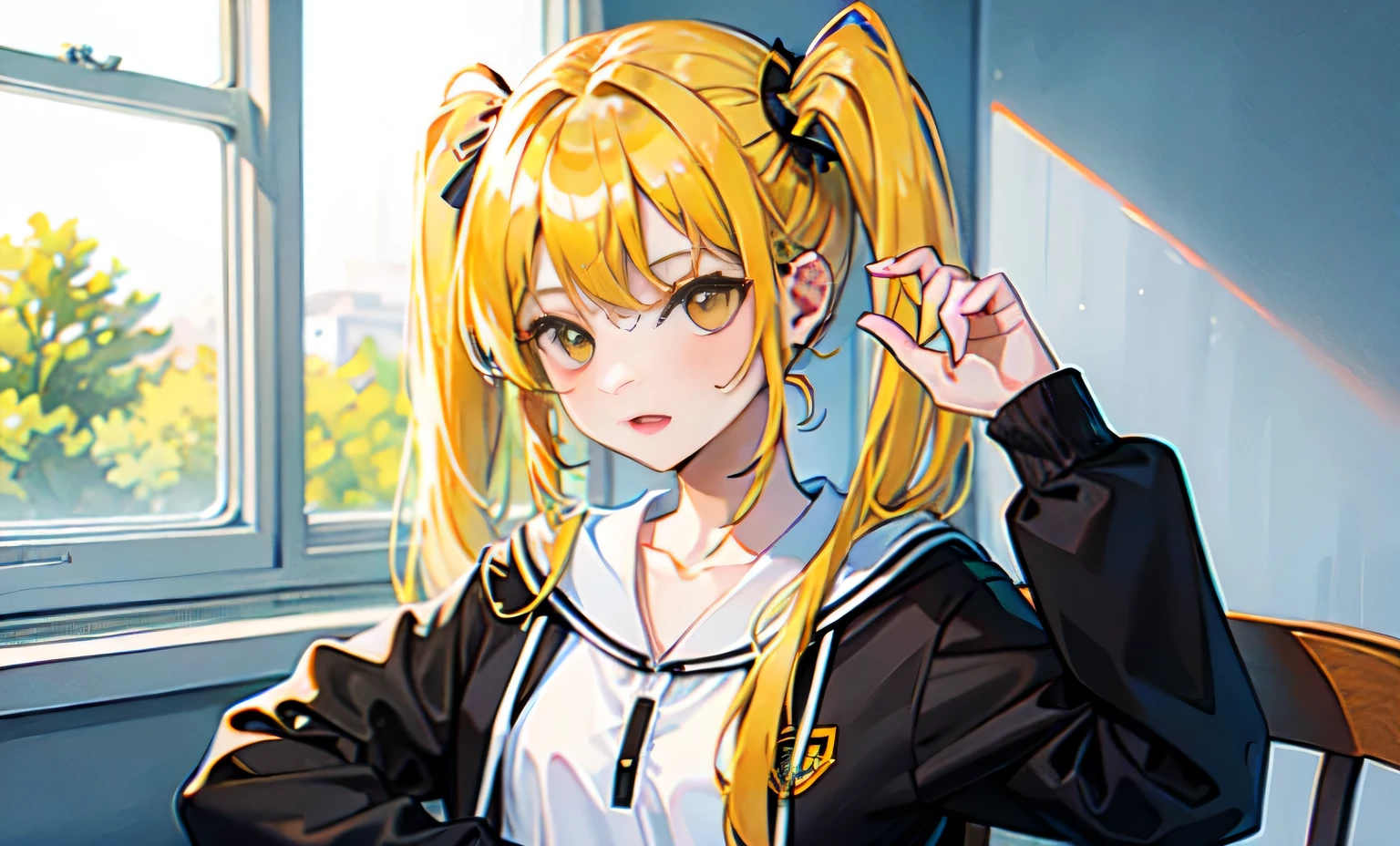 Yellow hair color,twin tails,Pigtails,yellow eyes,yellow ,Upper body,cute,student