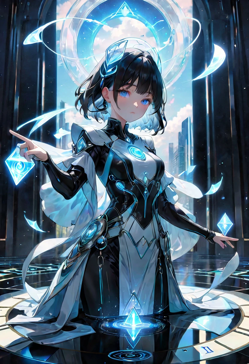 Tarot Cards, aesthetic, An updated Tarot card, "Tech Mage", symbolizing power, creation, and resourcefulness. Show a figure in a futuristic setting manipulating a hologram, one hand pointing to the sky, the other to the ground. Use Tarot suits as tech elements. The art should be visually striking, inventive, and blend Tarot symbolism with a modern, tech-focused style.