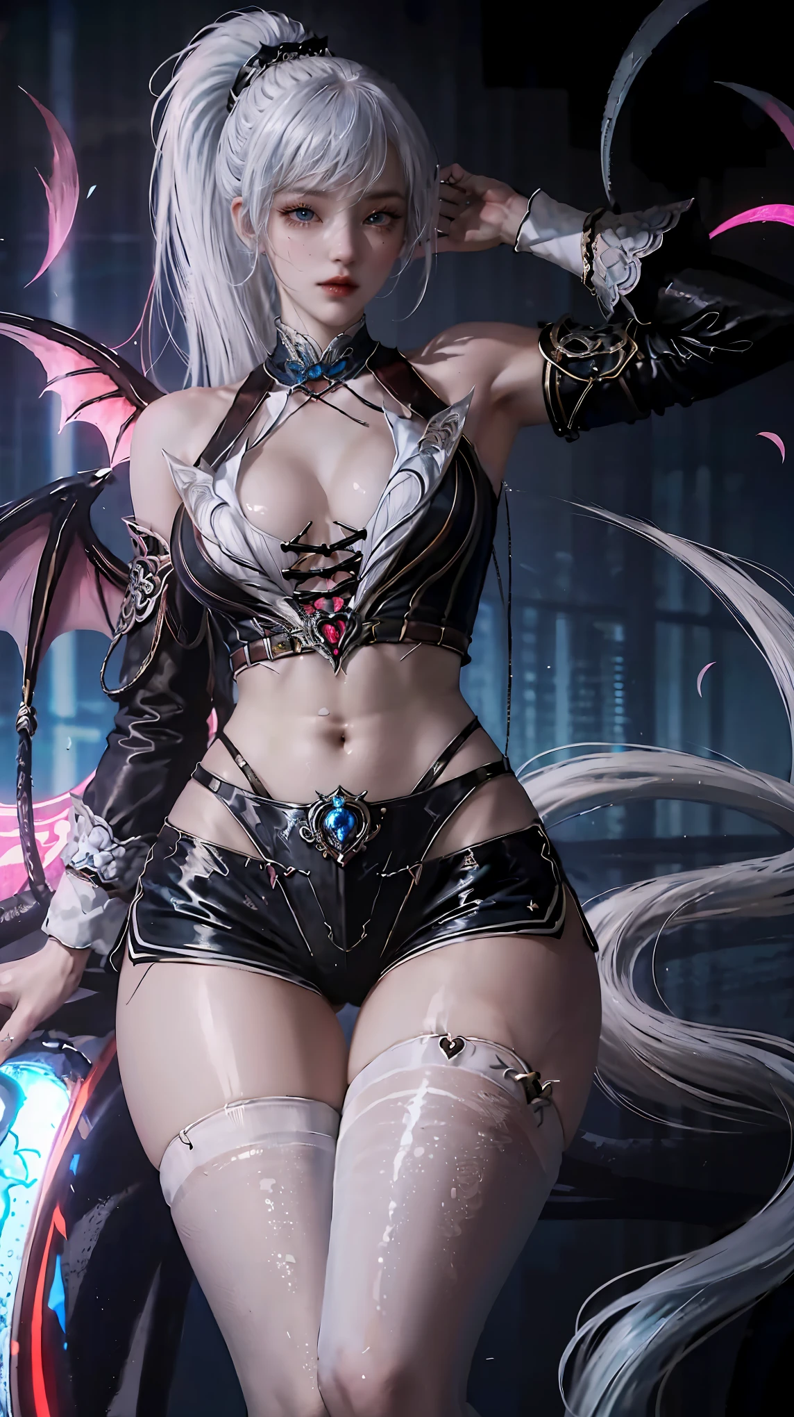 ((best quality, 8K, masterpiece:1.3)), focus: 1.2, perfect body beautiful: 1.4, buttocks: 1.2, ((layered hairstyle, breast: 1.2)), (wet clothes: 1.1), (rain, street:1.3), tube top dress: 1.1, Highly detailed facial and skin textures, narrow eyes, double eyelids, whiten skin, long hair, (shut up: 1.3), Smiling girl with white hair, High ponytail hairstyle, sports tops, extra large bust, Succubus, (((Succubus tattoo on lower abdomen))), Transparent super tight low waisted ribbon pants, (((ultra-low waist))), Full body image, Sexy girl, Sexy, happy laughter, shy, (((showing lower abdomen))), seductive expression, There is a peach heart in the eyes, (Detailed drawing of eyes), Sexy long legs, thin waist, Sweat drips on waist, (exposed belly), ((Succubus tattoo extreme detail portrayal))), Wings of Ice and Fire, Front squat, Dark lock method, 2D Blush, crazy, monster girl, toy doll, fangs, Slobber, pink hair, asymmetrical bangs, sheer clothing, Place your hands on your thighs, look away, 8K resolution, missionary, raised eyebrows, shiny hair, Head flower, wristband, Band-Aid a white hair、Close-up of woman wearing white mask, beautiful figure painting, guweiz, Gurwitz style artwork, White-haired God, author:Yang Jie, Epic and beautiful character art, Stunning character art, author:FAN Qi, by Wuzhun Shifan, pixiv art station street guweiz, single ponytail, insult, high ponytail, tall figure, long legs, (sleeveless lace shirt), (shorts), (striped )), ((striped )), Walk, elegant, dignified, feminine, beautiful curves, sweet smile, Strong sense of detail and layering, colorful, Has a unique texture, rich and colorful, Color harmony, vivid, design art, 16K, super detailed, {{illustration}}, {extremely delicate and beautiful}, {Exquisite surface treatment}, super detailed, Exquisite glowing eyes, {{movie lighting}}, Extreme light effects, Model: realism, CFG size: 12, Laura: Bright texture (1.35), high quality, masterpiece, Exquisite facial features, Delicate hair depiction, Detailed depiction of eyes, masterpiece, best quality, Ray tracing, Extremely detailed CG unified 8K wallpaper, masterpiece, best quality, (1 girl), perfect female figure, (((White tight T-shirt))), beautiful eyes, (delicate face), short black hair, hair tied up, Light blue hairpins, Black silk frame glasses, in the classroom, (White skin), (best lighting), (Super intricate details), 4K unified, (super detailed CG), Showing white legs, , hot pants, shorts,(The tail end is heart-shaped 💟 A purple haired girl with a long ponytail hairstyle and a seductive charm (with celebrity tattoos on her lower abdomen), a Transparent ultra-tight low-rise miniskirt, (ultra-low waist), a full body image, Raise your hands above your head, a Sexy girl with a Sexy, happy expression, blush, shy的, (Exposed belly), a charming expression, frown in disgust, celebrity tattoos, Purple hair girl with long ponytail, Transparent top, extra large bust, extra large bust, charm, ((with red charm tattoo on the lower abdomen), Transparent ultra-tight low-rise miniskirt, (ultra-low waist), full body image, Raise your hands above your head, Sexy girl, Sexy, happy expression, blush, shy的, (Exposed belly), charming expression, frown in disgust, (Eye detail depiction), Sexy long legs, slim waist, There are beads of sweat on the waist, (with Sexy vest line), (Exposed belly),