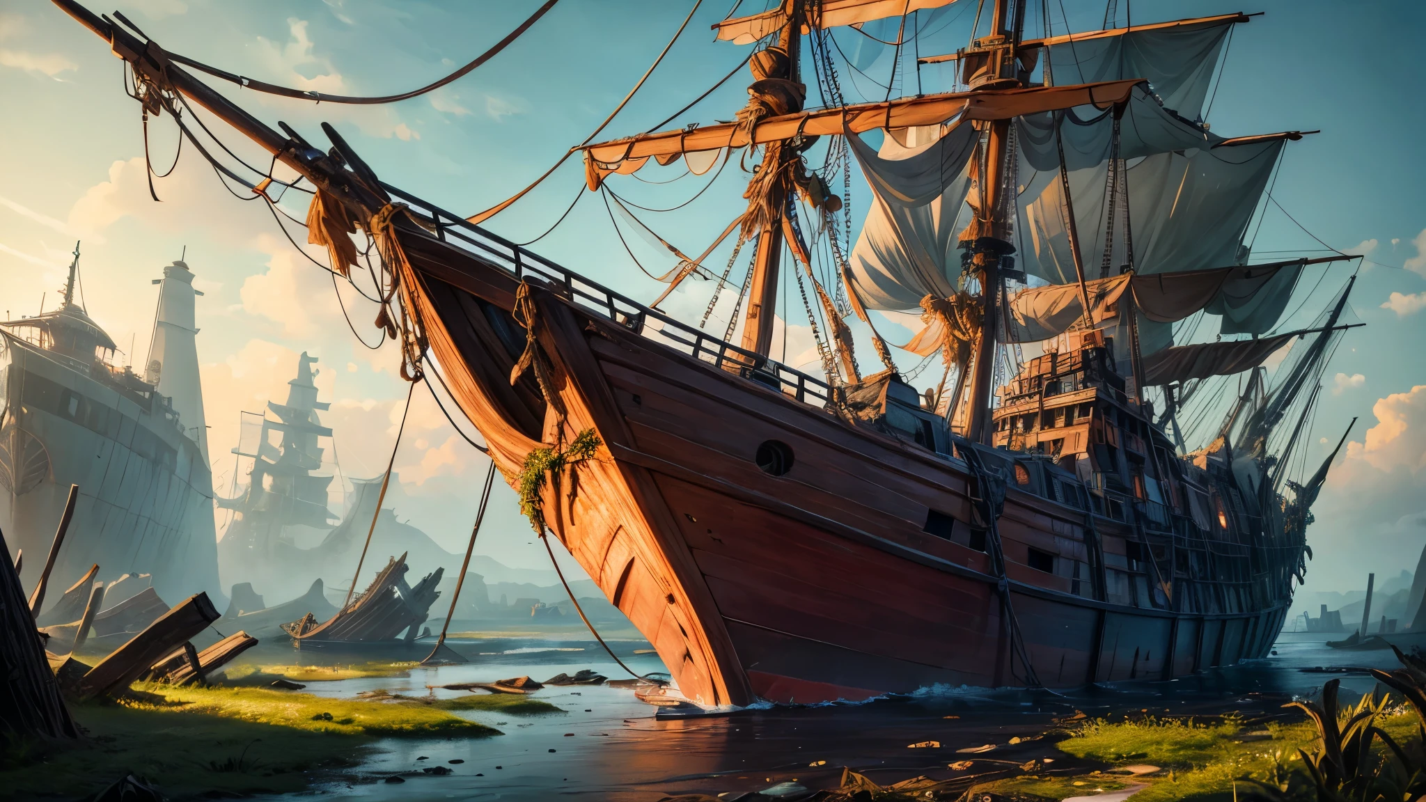 ship wrecked in the swamp, ultra quality, 16:9, Ultra HD, HDR, 8K, High-Detailed