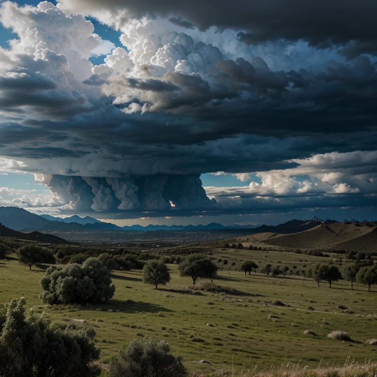 Un paisaje con unas nubes negras de tormenta en el fondo, with trees and mountains on the sides, realista en 4d
