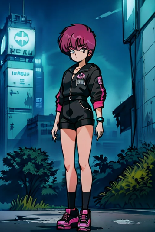 1girl, Hikaru Hiyama, masterpiece, best quality, Confident cyberpunk girl, full body shot, ((standing in front of motorcycle)), Harajuku-inspired pop outfit, bold colors and patterns, eye-catching accessories, trendy and innovative hairstyle, vibrant makeup, Cyberpunk dazzling cityscape, skyscrapers, neon signs, LED lights, bright and vivid color scheme, anime, illustration, detailed skin texture, detailed cloth texture, beautiful detailed face, intricate details, ultra detailed.