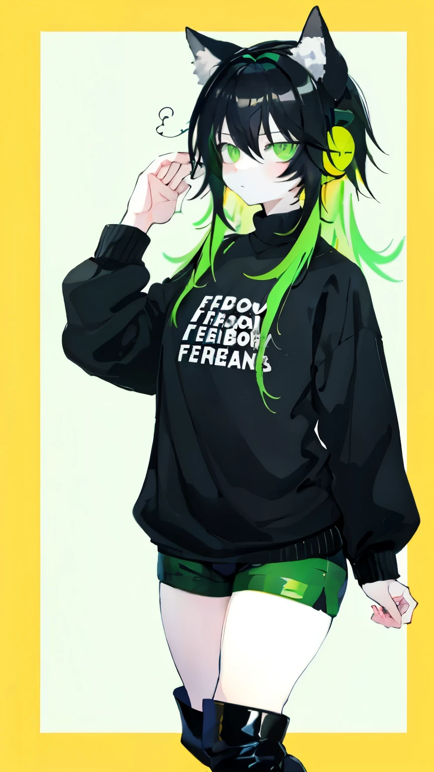 (layout, excellent quality) ,whole body, boy, femboy, cat ear headphones, black long sleeve sweater, bored expression, fluffy thick hair, Bright eyes, (One), bright green acid colors, simple, Rubber boots, short shorts, 