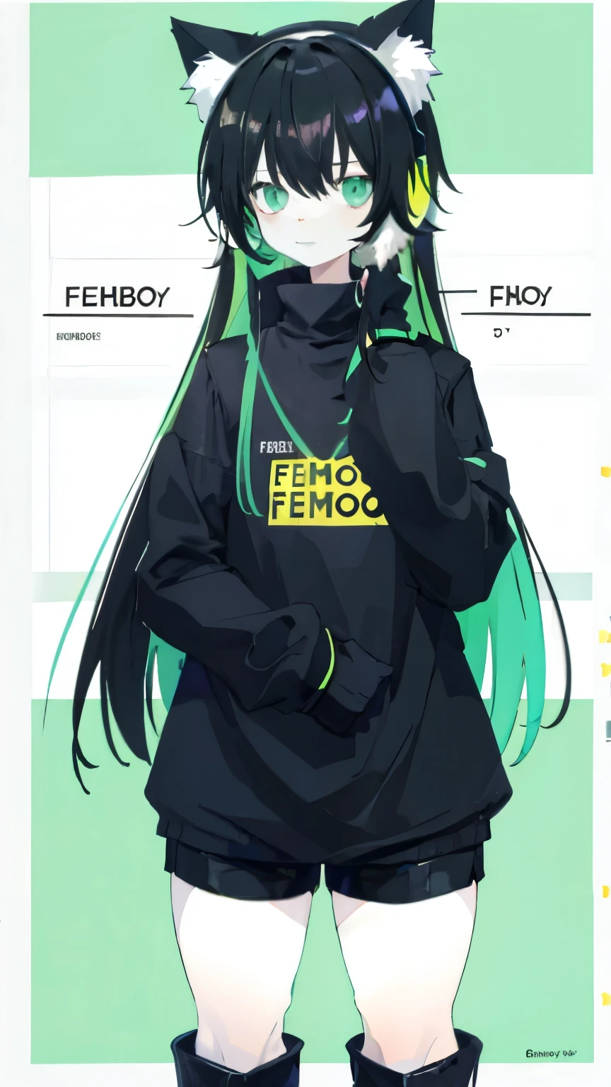 (layout, excellent quality) ,whole body, boy, femboy, cat ear headphones, black long sleeve sweater, bored expression, fluffy thick hair, Bright eyes, (One), bright green acid colors, simple, Rubber boots, short shorts,