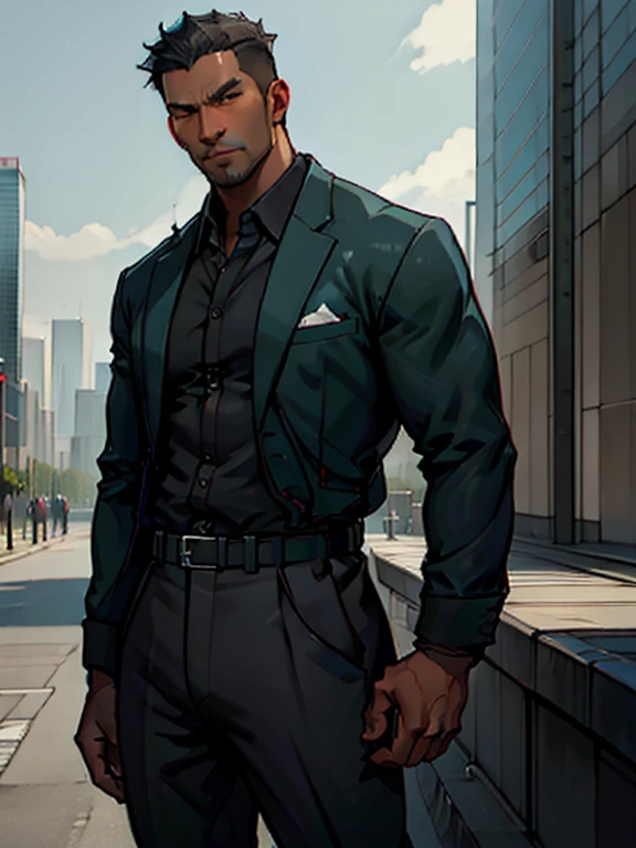 (best quality,4k,8k,highres,masterpiece:1.2),ultra-detailed,(realistic,photorealistic,photo-realistic:1.37),a full-length Chinese man with green eyes,dark skin,average height,black hair,businessman's outfit,portrait,sharp focus,professional,deep colors,warm tone,studio lighting,medium:oil painting,stern expression,confident posture,cityscape background,impressive skyscrapers,modern setting,crisp details,realistic texture.