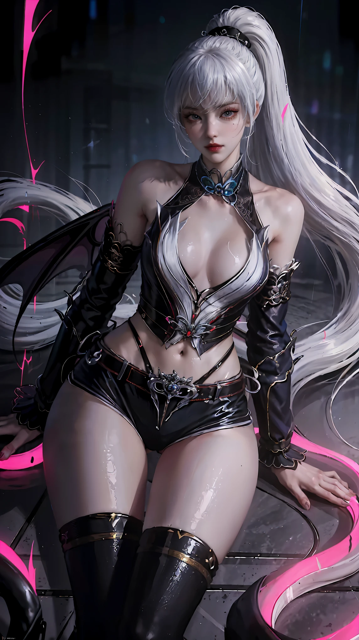 ((best quality, 8K, masterpiece:1.3)), focus: 1.2, perfect body beauty: 1.4, buttocks: 1.2, ((layered hairstyle, Chest: 1.2)), (wet clothes: 1.1), (rain, street:1.3), Bandeau dress: 1.1, Highly detailed facial and skin textures, narrow eyes, double eyelids, 美White skin, long hair, (shut up: 1.3), Smiling white-haired girl, High ponytail hairstyle, sports tops, extra large bust, Succubus, (((Succubus tattoo on lower abdomen))), Transparent super tight low waisted ribbon pants, (((ultra-low waist))), full body image, Sexy girl, Sexy, happy laughter, Shy, (((showing lower abdomen))), seductive expression, There is a heart in the eyes, (Detailed drawing of eyes), Sexy long legs, thin waist, Sweat drips on waist, (Exposed belly), ((Succubus tattoo extreme detail portrayal))), Wings of Ice and Fire, Front squat, Dark lock method, 2D Blush, crazy, monster girl, toy doll, fangs, sloppy person, pink hair, Asymmetric bangs, transparent clothing, Put your hands on your thighs, look away, 8K resolution, missionary, raised eyebrows, shiny hair, Head flower, wristband, Band-Aid for white hair、Close-up of woman wearing white mask, beautiful figure painting, guweiz, Gurwitz style artwork, White-haired God, author:Yang Jie, Epic and beautiful character art, Stunning character art, author:FAN Qi, by Wuzhun Shifan, pixiv art station street guweiz, single ponytail, insult, high ponytail, tall figure, long legs, (sleeveless lace shirt), (shorts), (striped )), ((striped )), Walk, elegant, dignified, feminine, beautiful curves, sweet smile, Strong sense of detail and layering, rich and colorful, Has a unique texture, rich and rich and colorful, Color harmony, vivid, design art, 16K, super detailed, {{illustration}}, {extremely delicate and beautiful}, {Exquisite surface treatment}, super detailed, Exquisite glowing eyes, {{movie lighting}}, Extreme light effects, Model: realism, CFG size: 12, Laura: Bright texture (1.35), high quality, masterpiece, Exquisite facial features, Delicate hair depiction, Detailed depiction of eyes, masterpiece, best quality, Ray tracing, Extremely detailed CG unified 8K wallpaper, masterpiece, best quality, (1 girl), perfect female figure, (((White tight T-shirt))), beautiful eyes, (delicate face), short black hair, hair tied up, Light blue hairpins, Black silk frame glasses, in the classroom, (White skin), (best lighting), (Super intricate details), 4K unified, (super detailed CG), Showing white legs, , hot pants, shorts,(The tail end is heart-shaped 💟 A purple haired girl with a long ponytail hairstyle and a seductive charm (with celebrity tattoos on her lower abdomen), a Transparent ultra-tight low-rise miniskirt, (ultra-low waist), a full body image, Raise your hands above your head, a Sexy girl with a Sexy, Happy expression, blush, Shy的, (Exposed belly), a charming expression, frown in disgust, celebrity tattoos, Purple hair girl with long ponytail, Transparent top, extra large bust, extra large bust, charm, ((with red charm tattoo on the lower abdomen), Transparent ultra-tight low-rise miniskirt, (ultra-low waist), full body image, Raise your hands above your head, Sexy girl, Sexy, Happy expression, blush, Shy的, (Exposed belly), charming expression, frown in disgust, (Eye detail depiction), Sexy long legs, slim waist, There are beads of sweat on the waist, (with Sexy vest line), (Exposed belly),