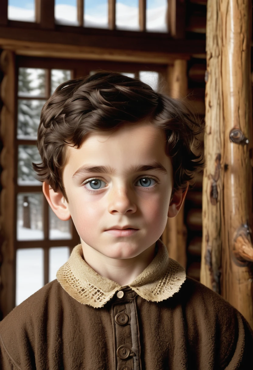 (highly detailed, soft light, photorealistic, dynamic light; cinematic); victorian-era; 1820s; 5 year old boy; English; square face-shape; curious expression; sickly pallid skin; large blue eyes; dark-brown eyebrows; 1820s warm brown woolen coat; short straight dark-brown hair in 1820's hairstyle; standing inside a 1820s Canadian log cabin with snow outside; looking at camera