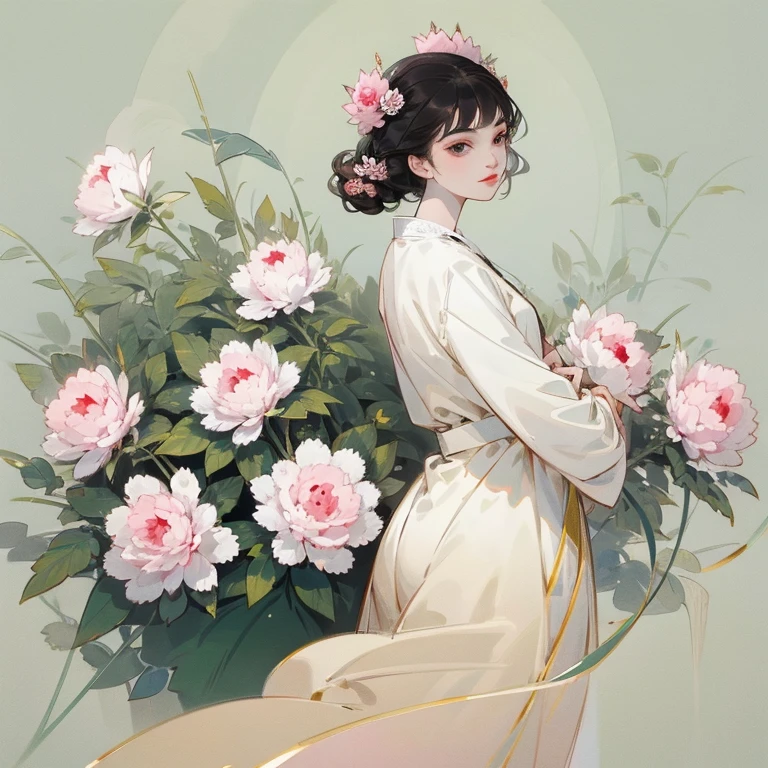 Draw a background, peony, big peony leaf, flowing tulle, peony floated in the air
