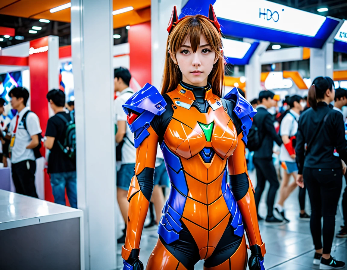 On a cosplay convention, a beautiful girl, a booth babe in an Evangelion cosplay outfit, detailed face, detailed skin, detailed texture, detailed environment, UHD, 8K, photo, full-body portrait, , soft focus, depth of field, 8k photo, HDR, professional lighting, taken with Canon EOS R5, 75mm lens