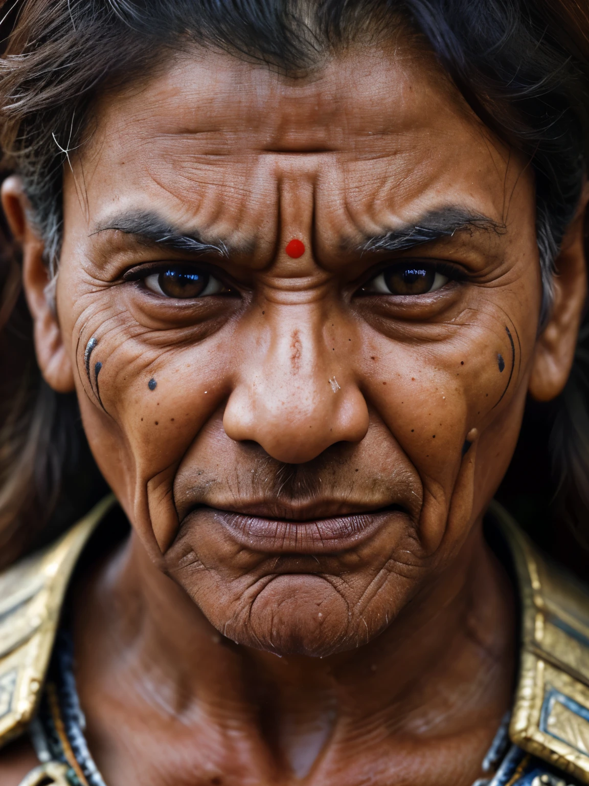Realistic ultra HD close-up portrait,an indian warrior, Wrinkles ,Facial expressions show strong emotions