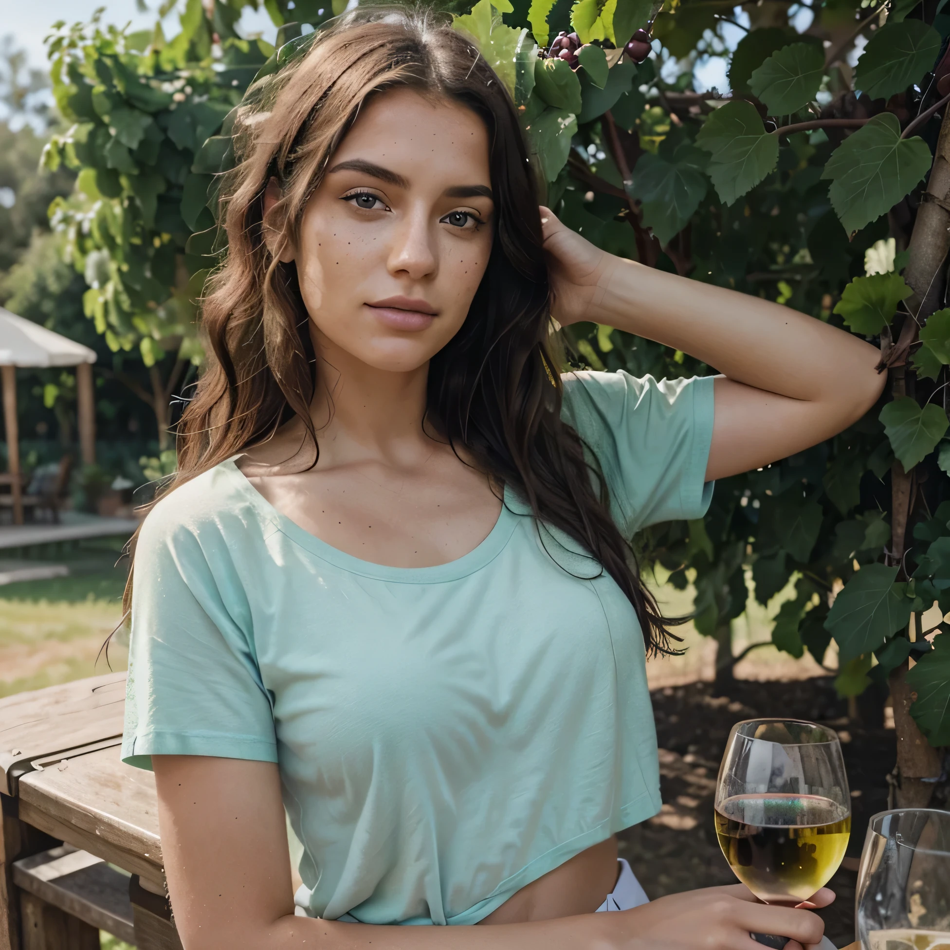 beautiful woman; Caucasian; 21 years old; freckles; green hair; long curly hair; tanned skin; freckles on face; photo-realistic; holding a glass of wed wine; vineyard in background; daytime; wearing t-shirt; hyper-above; dramatic lighting, detailed face, detailed nose, intricate background, realism,realistic,raw,analog,woman,realism