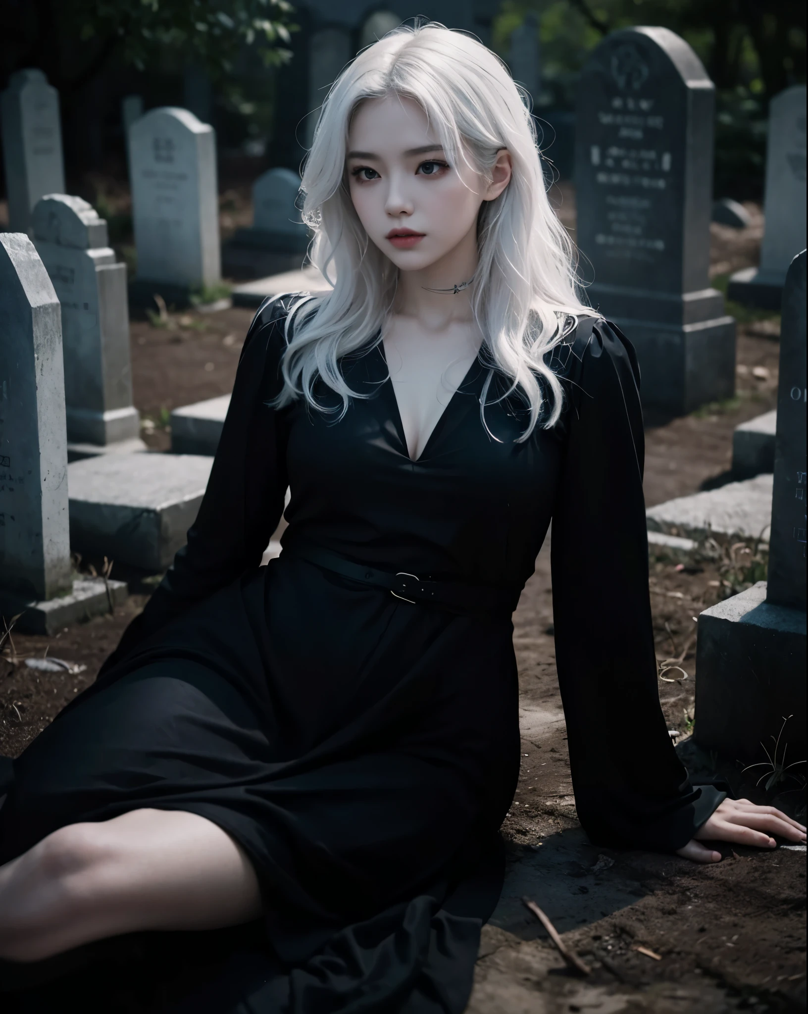 Night Scene, Less Light, Backlight Dramatic Shoot Of A Pretty Pale Japanese With Long Wavy White Hair, Gothic Makeup With Good Body, Hands Covering Her Chest, Tights Raised, Moist Glowy Body Skin, Wear Black Dress, Lies On The Concrete Cracked Texture Grave Ground With Aestethically Pose, Graveyard Environtment, Greass, Sands, Gravestones, Dramatic Shade Of Light, Good Anatomy, Good Body Proportion, Dramatic Light & Shadow Photography, Blue Tone Lighting Accents, Medium Format, Correct Anatomy, Correct Hand & Fingers Anatomy