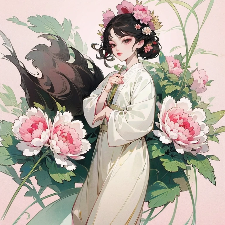 Draw a background, peony, big peony leaf, flowing tulle, peony floated in the air, very small human, most of the picture is peony flowers and butterflies, a lot of blank space, pink background