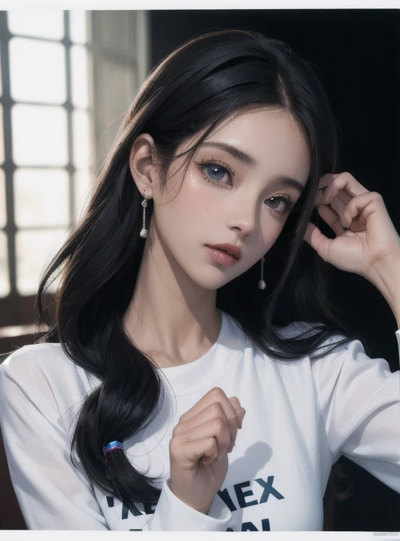 (obra de arte,Melhor qualidade:1.2),ultra high resolution,(Fotorrealista), olhos vermelhos,pele branca,cabelo castanho liso,cor de pele branca,magra, blusa azul,policial