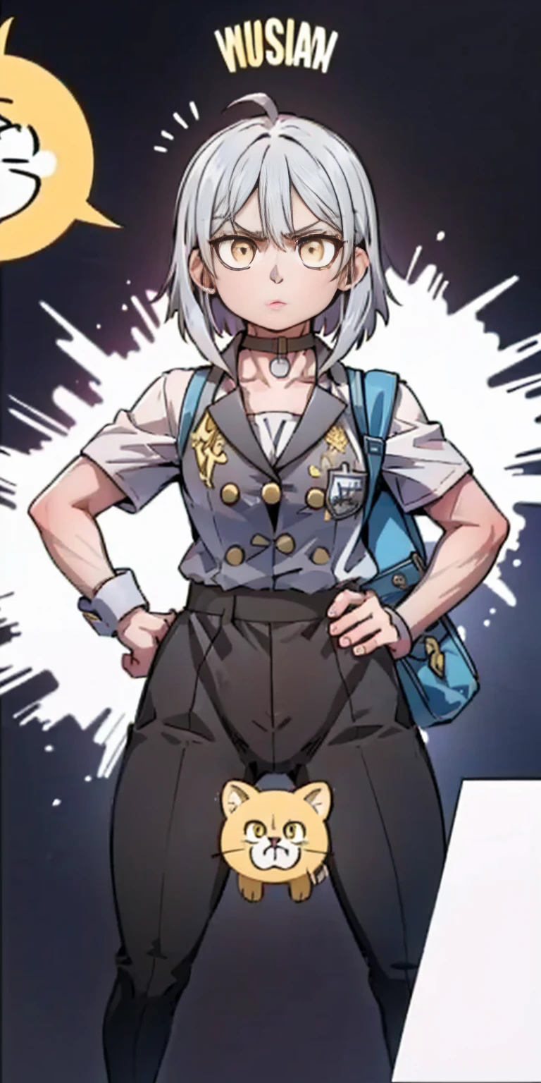 ((black background)) Ciel Lionheart kneel on WHITE sheet, short bob hair WHITE hair, YELLOW EYES, _uniform,yellow hat,red school bag, leather choker collar slave , (hands on hips, clenching fist 👊 ✊️)