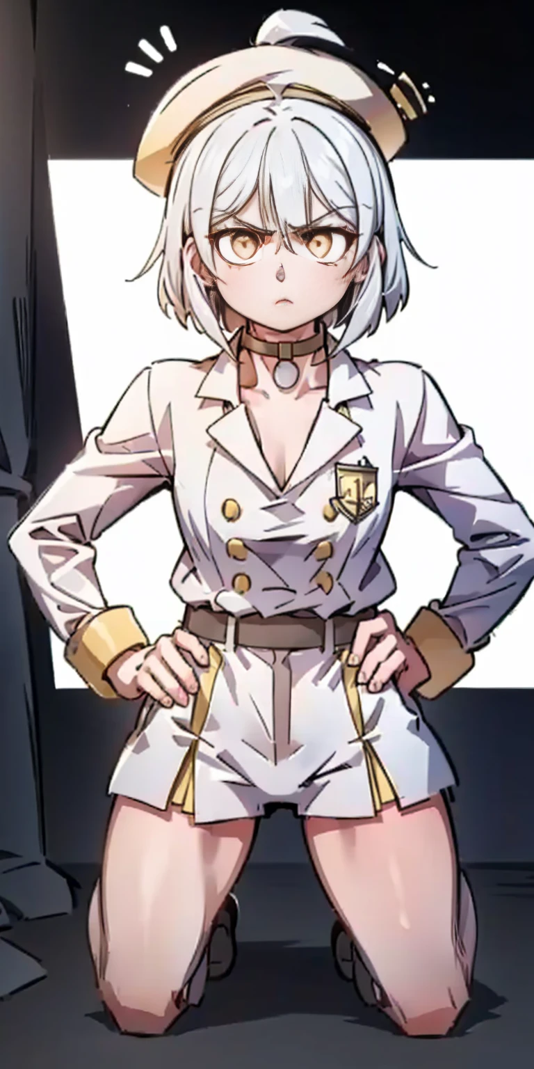((black background)) Ciel Lionheart kneel on WHITE sheet, short bob hair WHITE hair, YELLOW EYES, _uniform,yellow hat,red school bag, leather choker collar slave , (hands on hips, clenching fist 👊 ✊️)