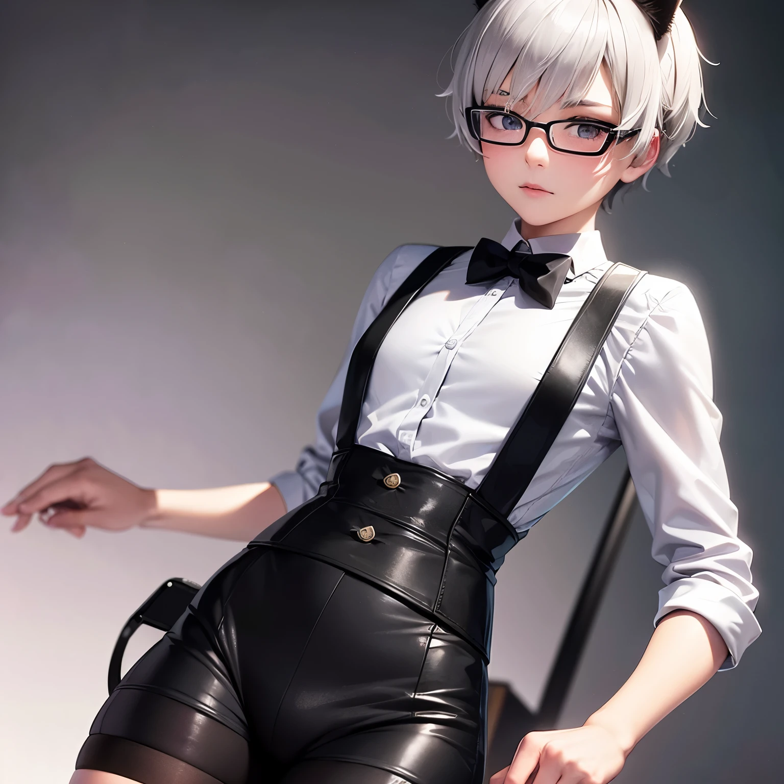 (Best quality, masterpiece:1.2), ultra high resolution, realistic, Front lighting, complex part, Exquisite details and textures, 1 guy, One ,(young), Face selection, upper body, detailed face, white skin, silver hair, I look at the viewer, big eyes, Silk рубашка, (white, Silk), slender body, professional lighting, photon mapping, RadioCity, physically based rendering, Cute Femboy, gray hair, black eyes, black glasses, Shirt with suspenders, tight shorts, loveable guy, cat ears, short hair, handsome femboy