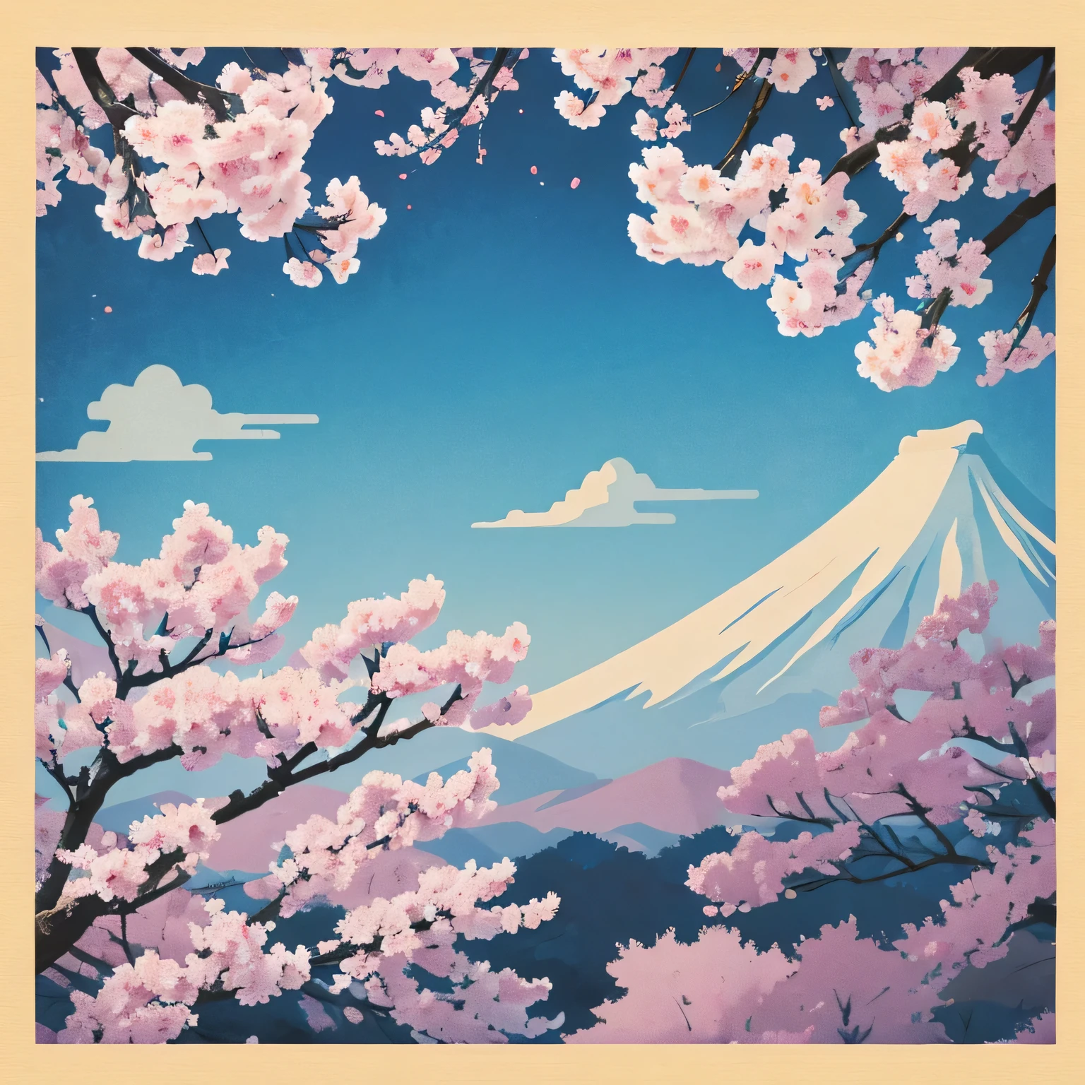 Art vintage japonais, Conception de t-shirts, art vectoriel, art plat, :1,4. fleurs de sakura , et ciel bleu, dégradé de couleurs dans le ciel, jardins , au fond , le soleil couleurs du printemps ,couleurs vives,