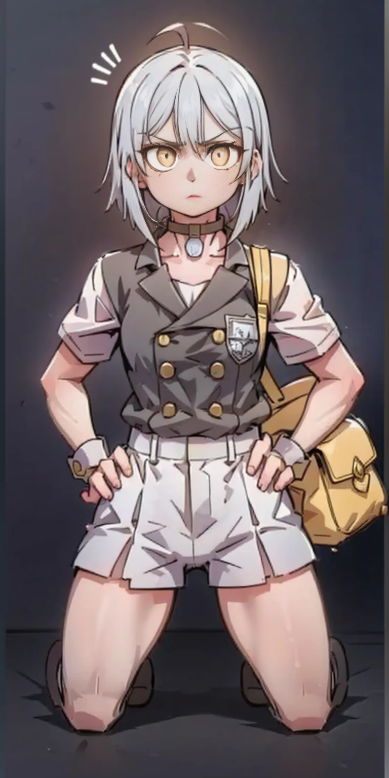 ((black background)) Ciel Lionheart kneel on WHITE sheet, short bob hair WHITE hair, YELLOW EYES, kindergarten_uniform,yellow hat,red school bag, leather choker collar slave , (hands on hips, clenching fist 👊 ✊️)